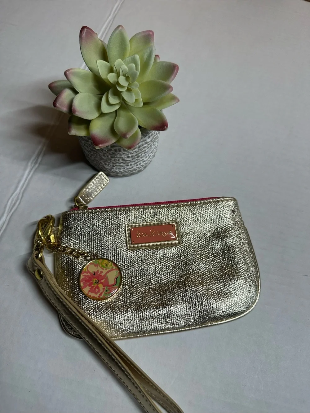 Gold Wristlet Coin Purse with Floral Charm